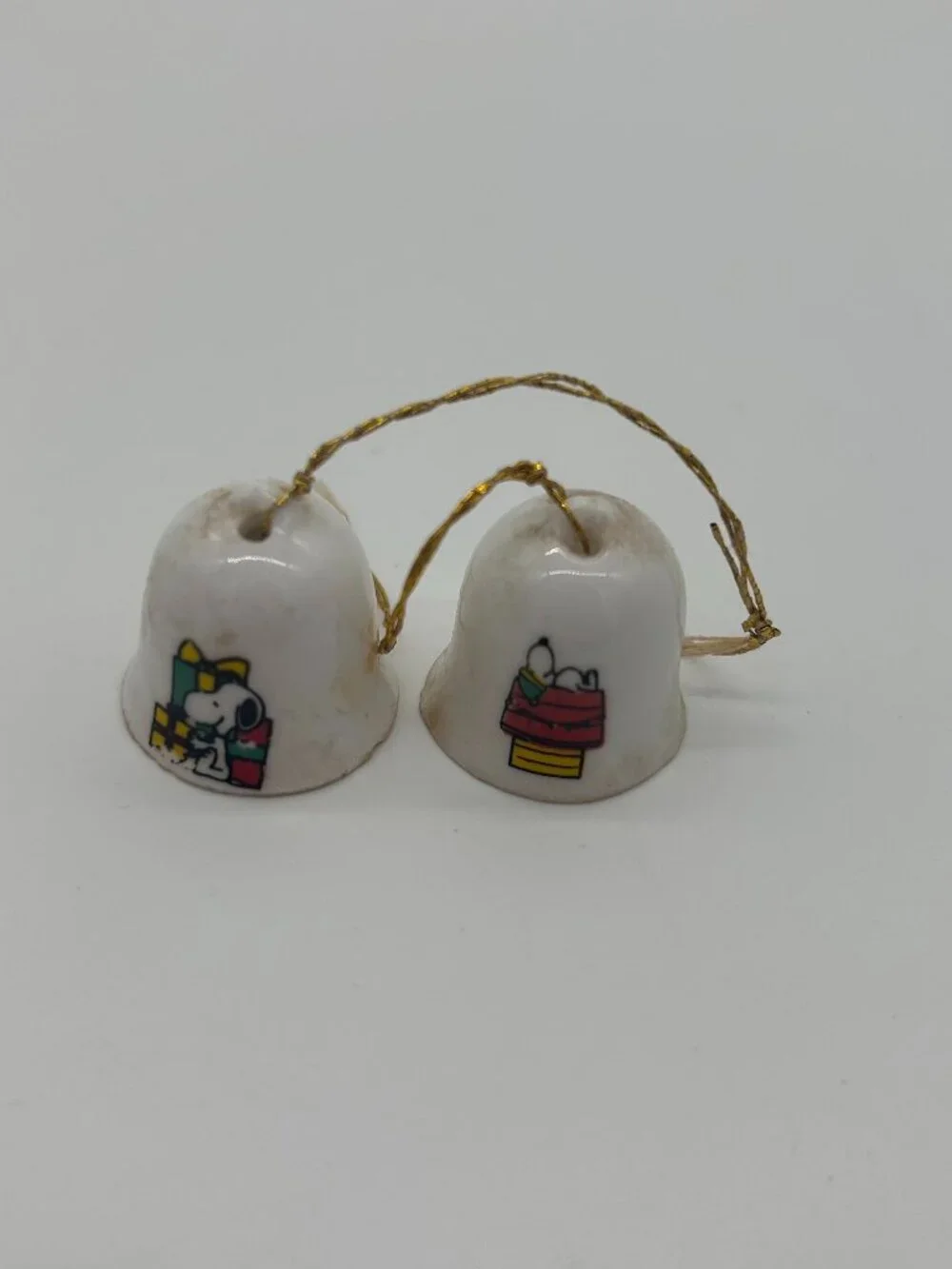Vintage 1958 Peanuts Snoopy On Dog House Porcelain Mini Bell Ornament Lot of 2 - Picture 1 of 8